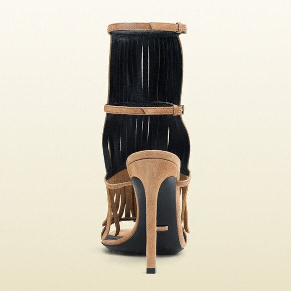 GUCCI SHOES BECKY BEIGE SUEDE FRINGED HIGH HEEL SANDAL sz 36.5 / 6.5 - Picture 6 of 9